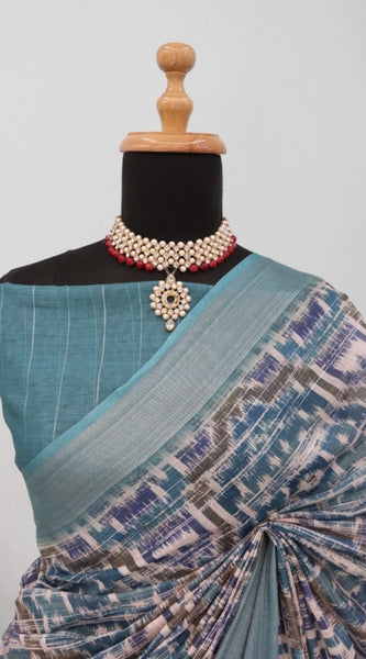 Mayawye Women's Linen Digital Print Saree With Unstitched Blouse 5.5Mtr (Green)
