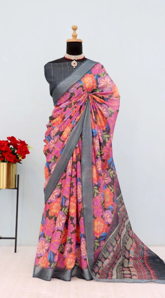 Mayawye Women's Linen Digital Print Saree With Unstitched Blouse 5.5Mtr (Grey)