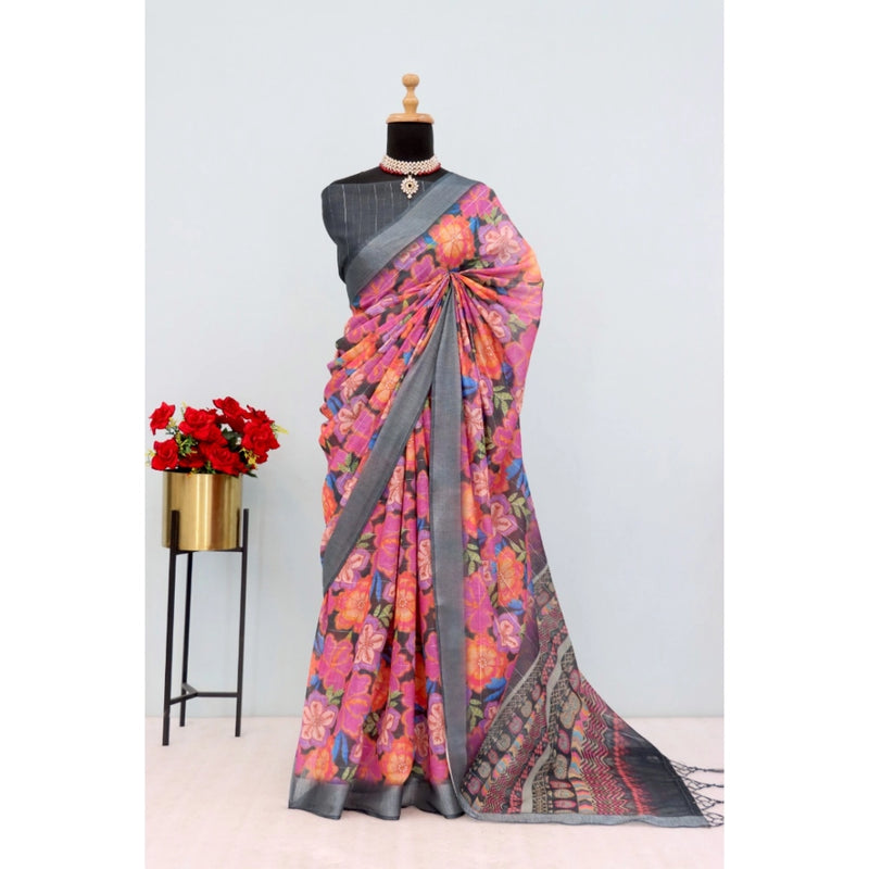 Mayawye Women's Linen Digital Print Saree With Unstitched Blouse 5.5Mtr (Grey)