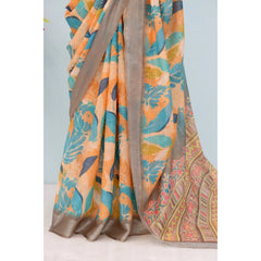 Mayawye Women's Linen Digital Print Saree With Unstitched Blouse 5.5Mtr (Green)