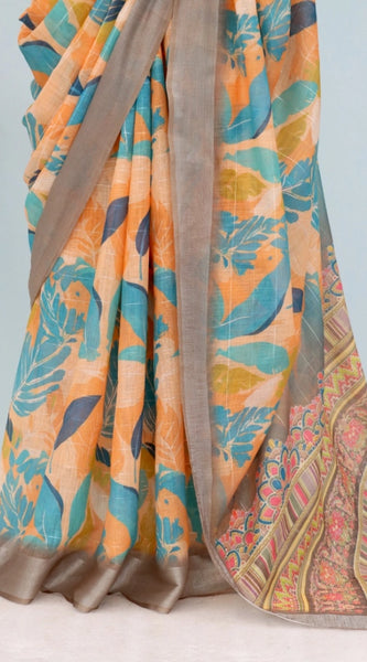 Mayawye Women's Linen Digital Print Saree With Unstitched Blouse 5.5Mtr (Green)