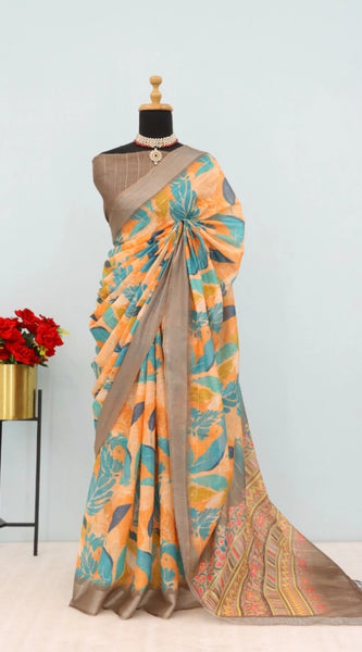 Mayawye Women's Linen Digital Print Saree With Unstitched Blouse 5.5Mtr (Green)