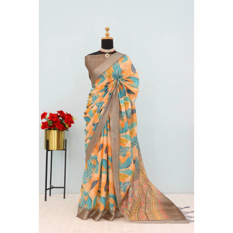 Mayawye Women's Linen Digital Print Saree With Unstitched Blouse 5.5Mtr (Green)