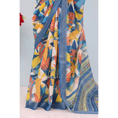 Mayawye Women's Linen Digital Print Saree With Unstitched Blouse 5.5Mtr (Multicolor)