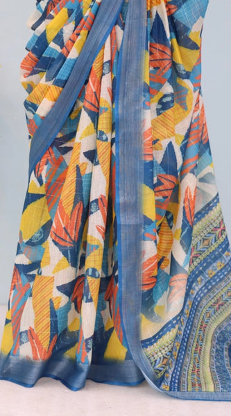 Mayawye Women's Linen Digital Print Saree With Unstitched Blouse 5.5Mtr (Multicolor)
