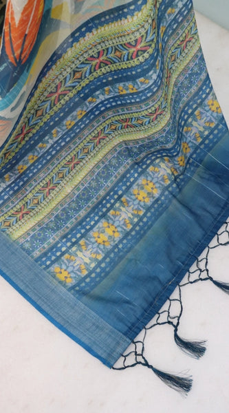 Mayawye Women's Linen Digital Print Saree With Unstitched Blouse 5.5Mtr (Multicolor)