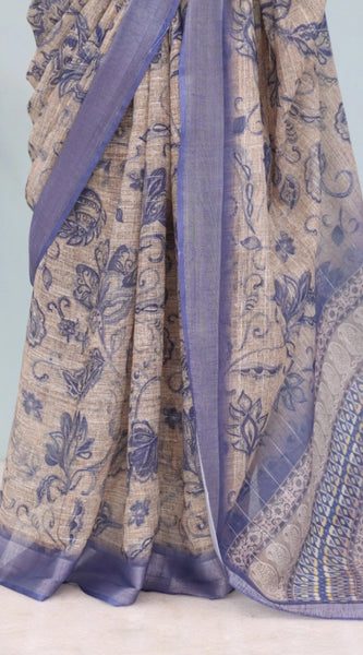 Mayawye Women's Linen Digital Print Saree With Unstitched Blouse 5.5Mtr (Blue)