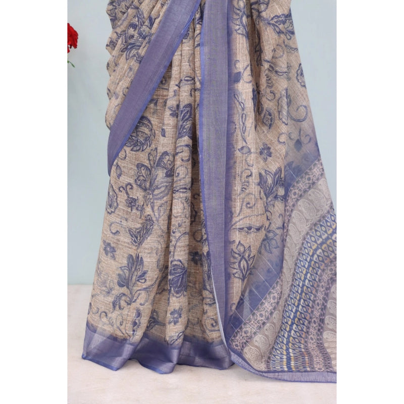 Mayawye Women's Linen Digital Print Saree With Unstitched Blouse 5.5Mtr (Blue)
