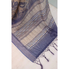 Mayawye Women's Linen Digital Print Saree With Unstitched Blouse 5.5Mtr (Blue)
