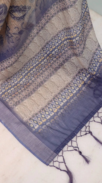 Mayawye Women's Linen Digital Print Saree With Unstitched Blouse 5.5Mtr (Blue)
