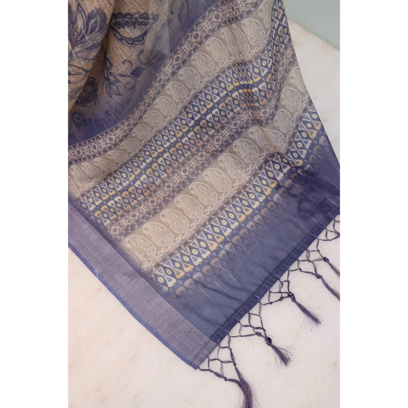 Mayawye Women's Linen Digital Print Saree With Unstitched Blouse 5.5Mtr (Blue)
