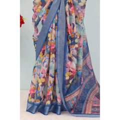 Mayawye Women's Linen Digital Print Saree With Unstitched Blouse 5.5Mtr (Blue)