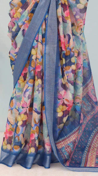 Mayawye Women's Linen Digital Print Saree With Unstitched Blouse 5.5Mtr (Blue)