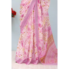 Mayawye Women's Linen Digital Print Saree With Unstitched Blouse 5.5Mtr (Pink)
