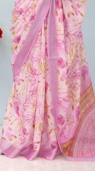 Mayawye Women's Linen Digital Print Saree With Unstitched Blouse 5.5Mtr (Pink)