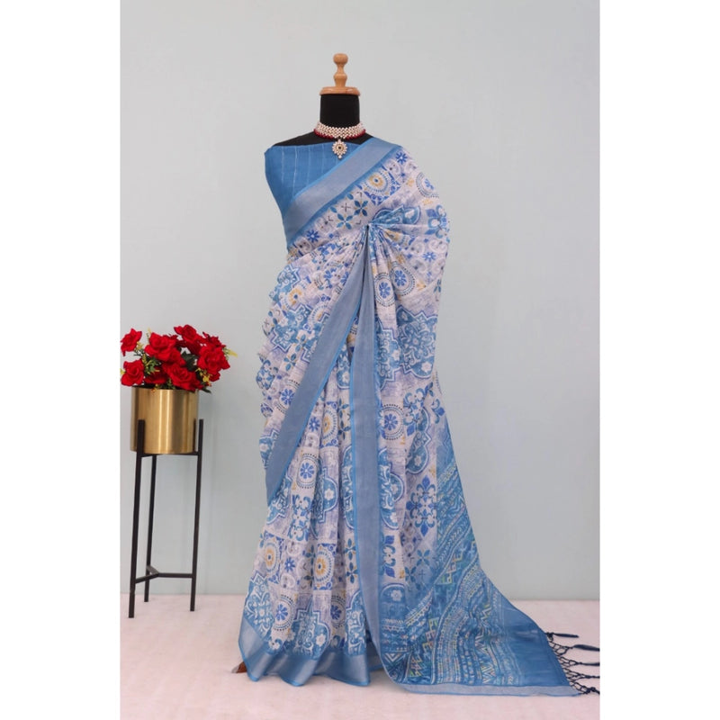 Mayawye Women's Linen Digital Print Saree With Unstitched Blouse 5.5Mtr (Blue)