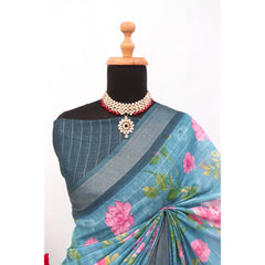 Mayawye Women's Linen Digital Print Saree With Unstitched Blouse 5.5Mtr (Green)