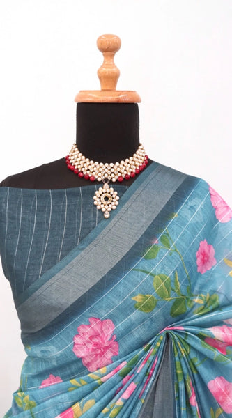Mayawye Women's Linen Digital Print Saree With Unstitched Blouse 5.5Mtr (Green)