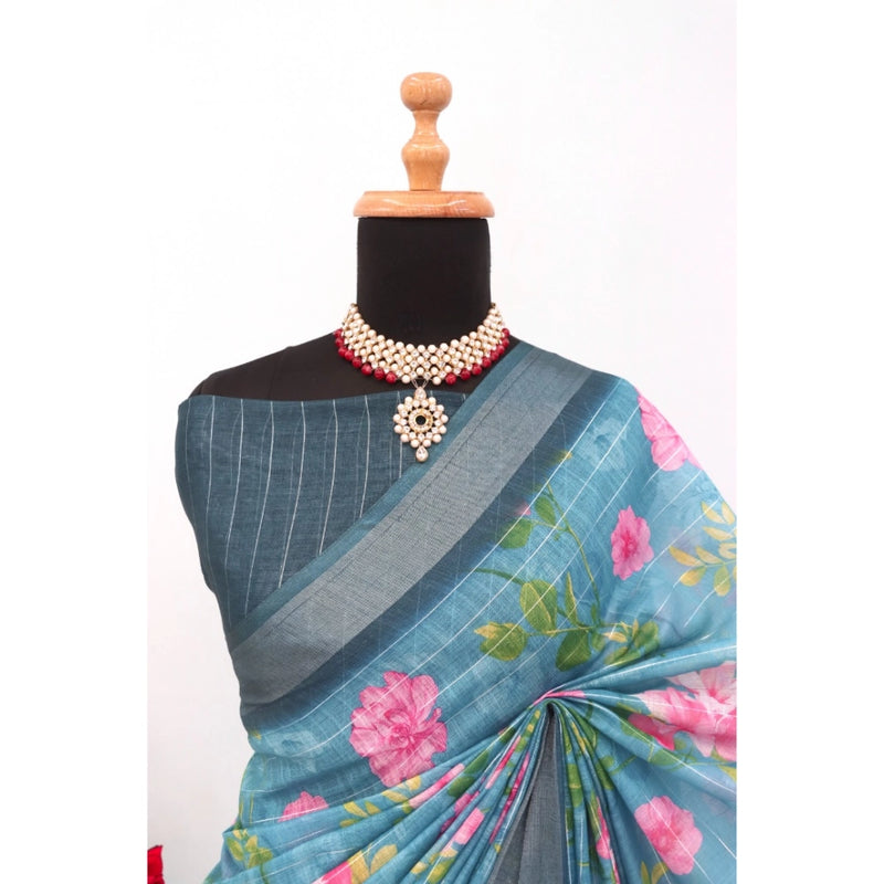 Mayawye Women's Linen Digital Print Saree With Unstitched Blouse 5.5Mtr (Green)