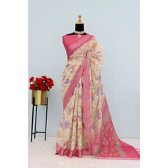 Mayawye Women's Linen Digital Print Saree With Unstitched Blouse 5.5Mtr (Pink)