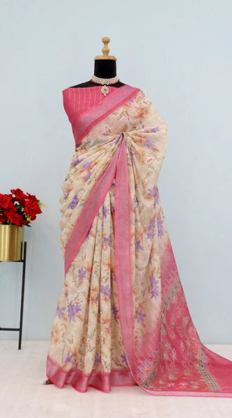 Mayawye Women's Linen Digital Print Saree With Unstitched Blouse 5.5Mtr (Pink)