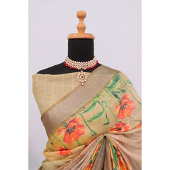 Mayawye Women's Linen Digital Print Saree With Unstitched Blouse 5.5Mtr (Multicolor)