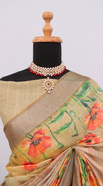 Mayawye Women's Linen Digital Print Saree With Unstitched Blouse 5.5Mtr (Multicolor)