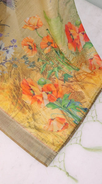 Mayawye Women's Linen Digital Print Saree With Unstitched Blouse 5.5Mtr (Multicolor)