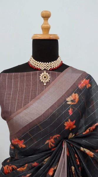 Mayawye Women's Linen Digital Print Saree With Unstitched Blouse 5.5Mtr (Black)