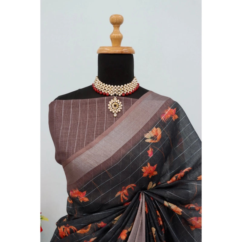 Mayawye Women's Linen Digital Print Saree With Unstitched Blouse 5.5Mtr (Black)