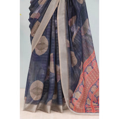 Mayawye Women's Linen Digital Print Saree With Unstitched Blouse 5.5Mtr (Blue)