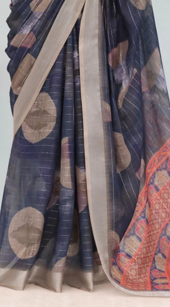 Mayawye Women's Linen Digital Print Saree With Unstitched Blouse 5.5Mtr (Blue)