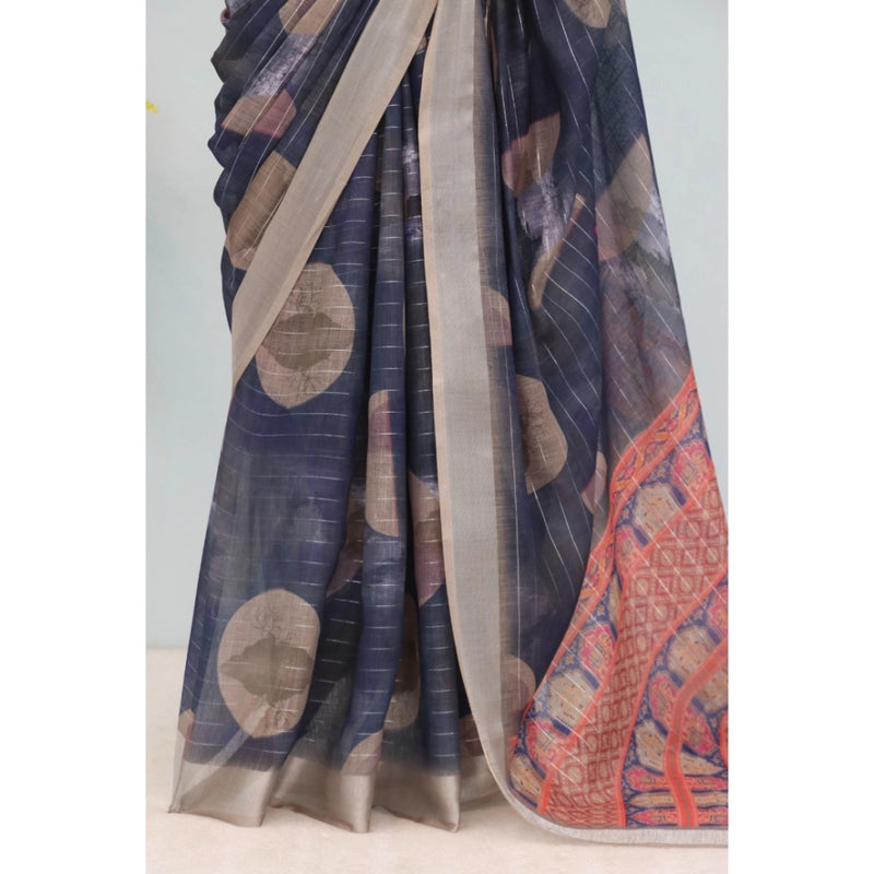 Mayawye Women's Linen Digital Print Saree With Unstitched Blouse 5.5Mtr (Blue)