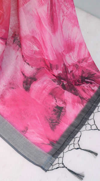 Mayawye Women's Linen Digital Print Saree With Unstitched Blouse 5.5Mtr (Pink)