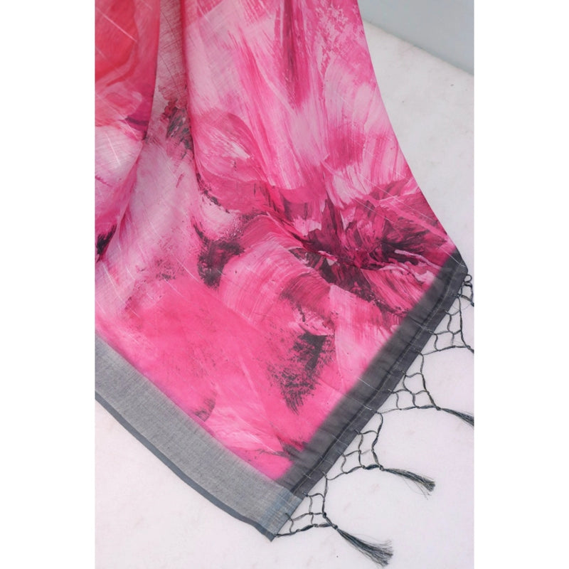 Mayawye Women's Linen Digital Print Saree With Unstitched Blouse 5.5Mtr (Pink)