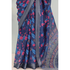 Mayawye Women's Linen Digital Print Saree With Unstitched Blouse 5.5Mtr (Blue)