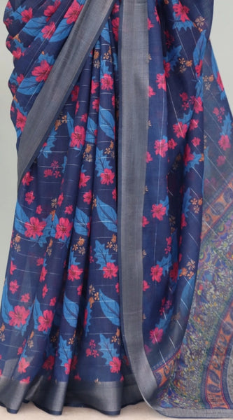Mayawye Women's Linen Digital Print Saree With Unstitched Blouse 5.5Mtr (Blue)