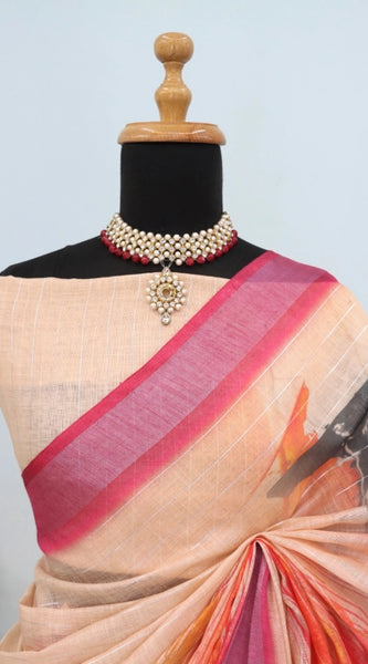 Mayawye Women's Linen Digital Print Saree With Unstitched Blouse 5.5Mtr (Multicolor)