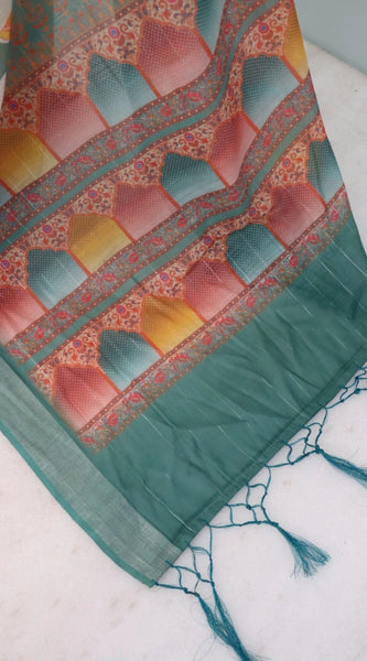 Mayawye Women's Linen Digital Print Saree With Unstitched Blouse 5.5Mtr (Green)