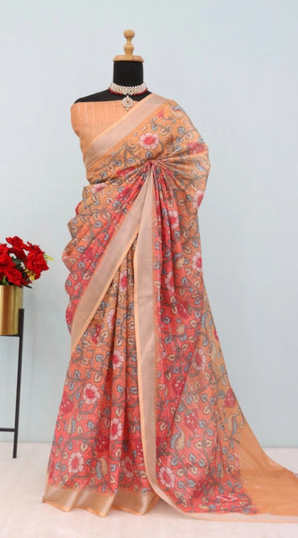 Mayawye Women's Linen Digital Print Saree With Unstitched Blouse 5.5Mtr (Orange)