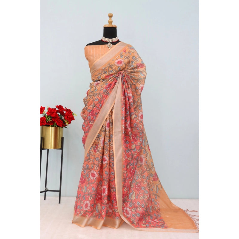 Mayawye Women's Linen Digital Print Saree With Unstitched Blouse 5.5Mtr (Orange)