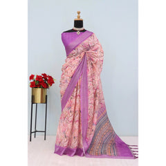 Mayawye Women's Linen Digital Print Saree With Unstitched Blouse 5.5Mtr (Purple)