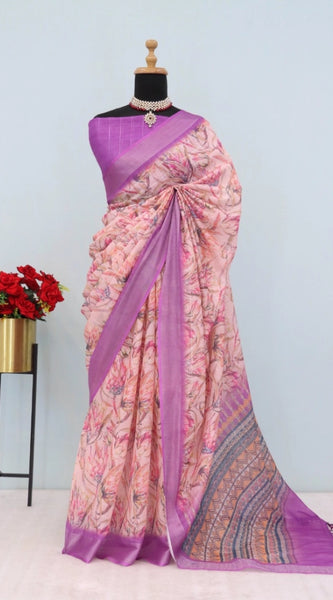 Mayawye Women's Linen Digital Print Saree With Unstitched Blouse 5.5Mtr (Purple)