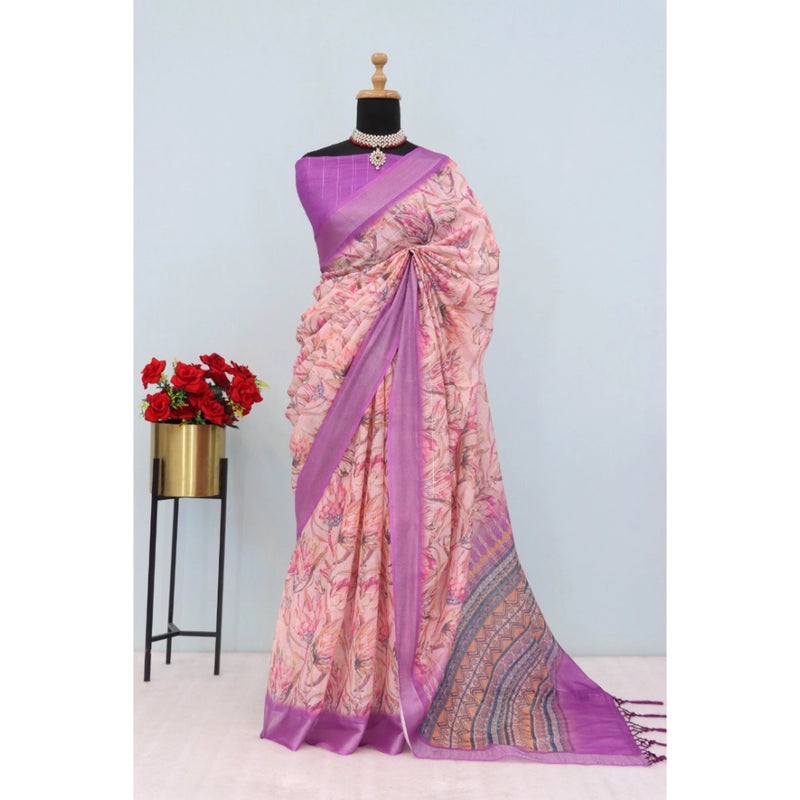 Mayawye Women's Linen Digital Print Saree With Unstitched Blouse 5.5Mtr (Purple)