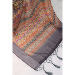 Mayawye Women's Linen Digital Print Saree With Unstitched Blouse 5.5Mtr (Grey)