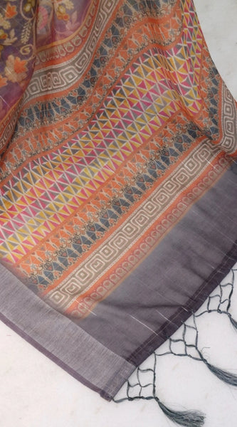 Mayawye Women's Linen Digital Print Saree With Unstitched Blouse 5.5Mtr (Grey)
