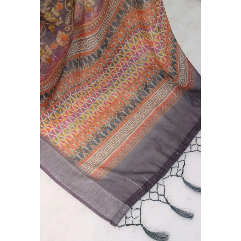 Mayawye Women's Linen Digital Print Saree With Unstitched Blouse 5.5Mtr (Grey)