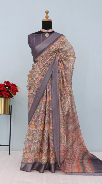 Mayawye Women's Linen Digital Print Saree With Unstitched Blouse 5.5Mtr (Grey)