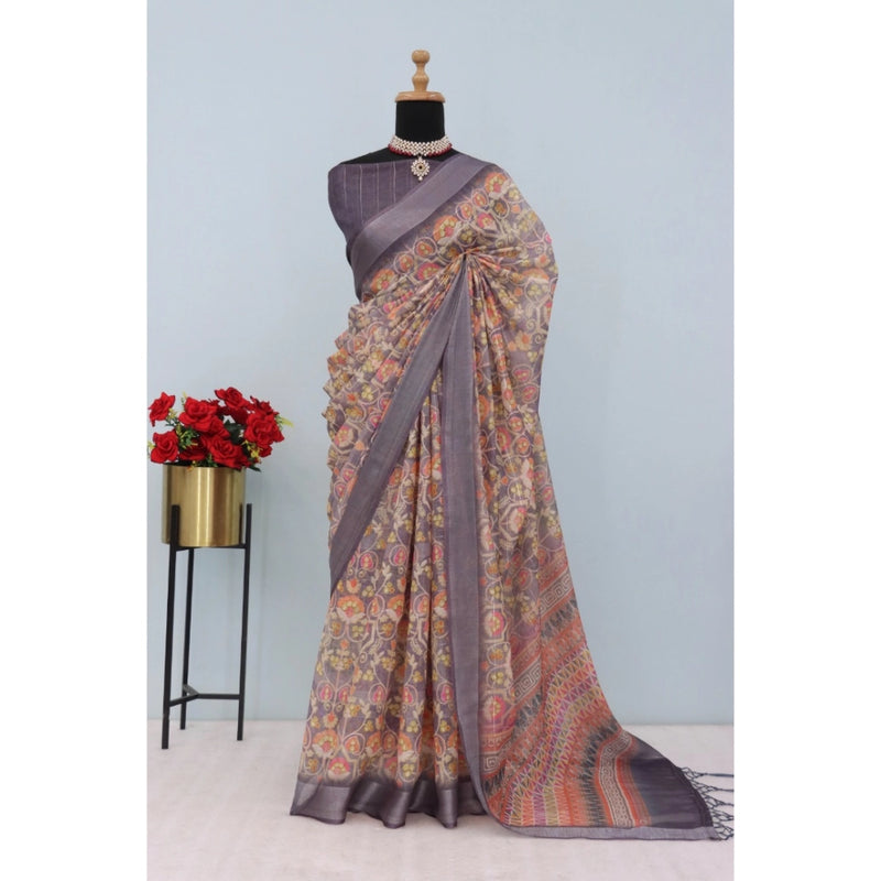 Mayawye Women's Linen Digital Print Saree With Unstitched Blouse 5.5Mtr (Grey)