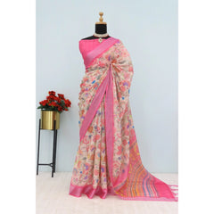 Mayawye Women's Linen Digital Print Saree With Unstitched Blouse 5.5Mtr (Pink)